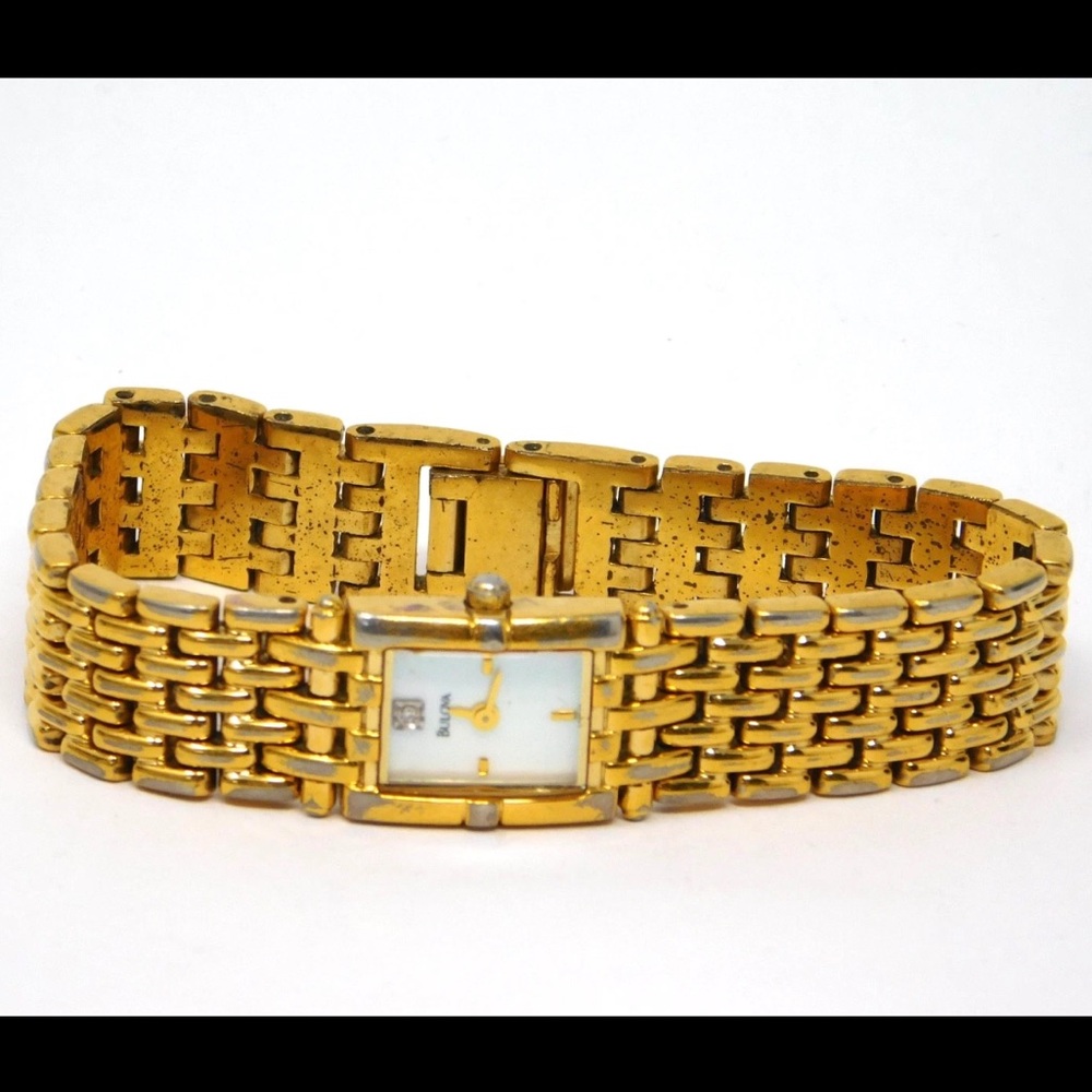 Vintage Bulova Women's Watch 97S49 Gold Tone White MOP Dial Diamond Ladies 6.5"
